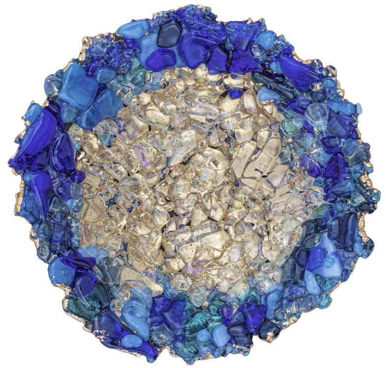 Round fused glass piece with blue glass clusters