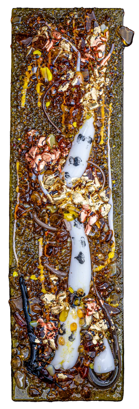 Tall fused glass panel with vibrant red and blue mosaic detail by Nancy Byers