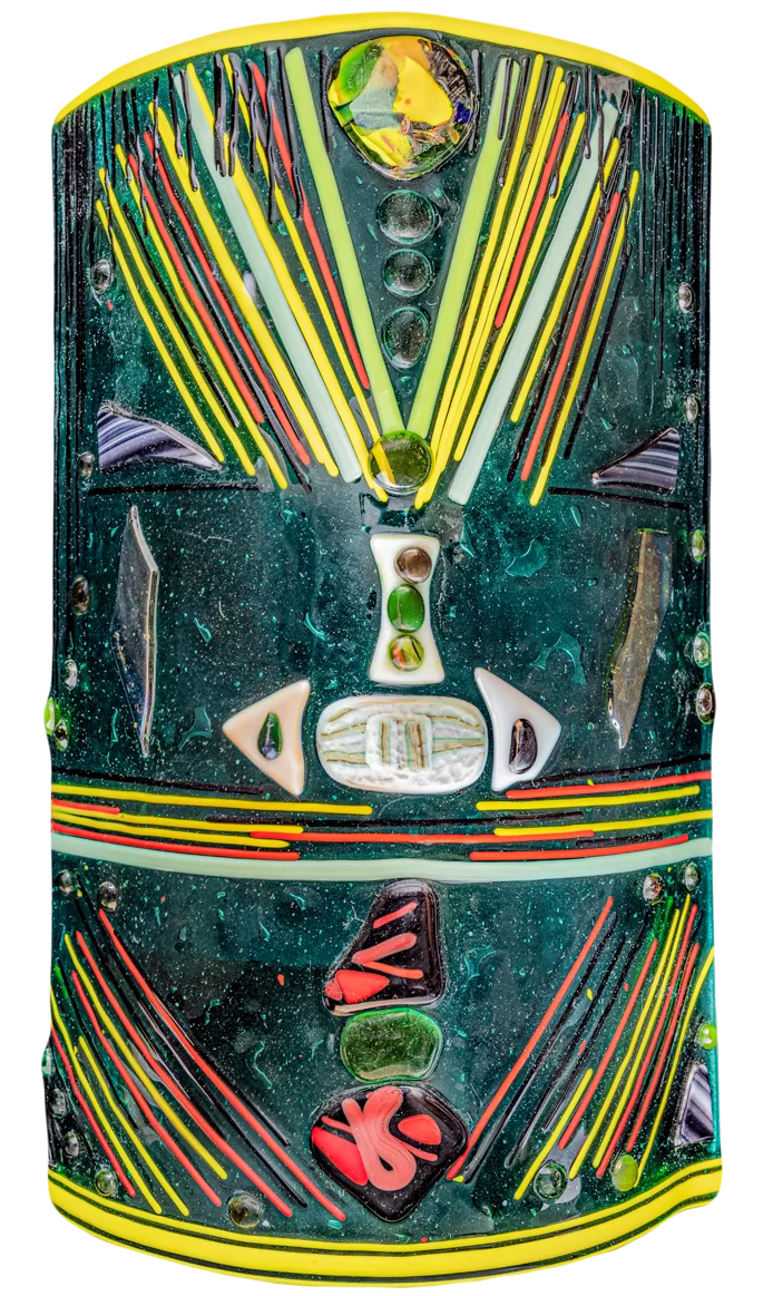Tall fused glass panel with colorful mosaic detail by Nancy Byers